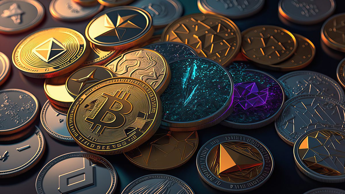 Diversas criptomoedas brilhantes e coloridas, incluindo Bitcoin e Ethereum, empilhadas em um fundo escuro.