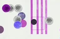 Arte abstrata: Moedas do Real coloridas, círculos e listras em tons de roxo/magenta, com quadrado, em fundo claro.