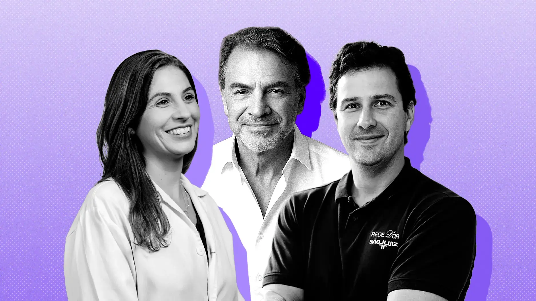 Retratos P&B de uma mulher e dois homens sorrindo, com sombras roxas, sobre fundo roxo pontilhado.