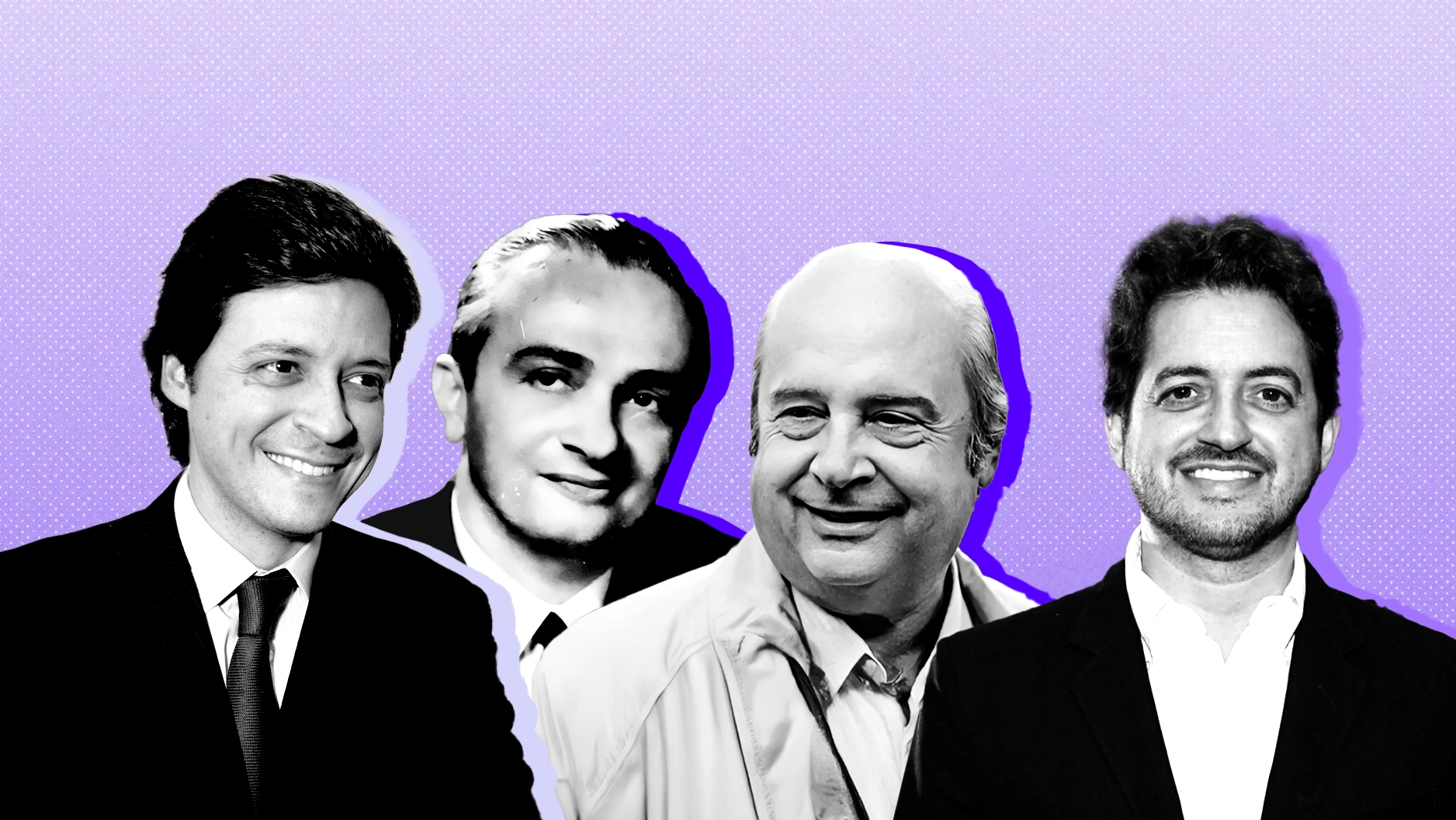 Quatro homens em preto e branco, vestidos em trajes formais e sorrindo, sobre um fundo lilás texturizado com contornos azuis destacando suas figuras.