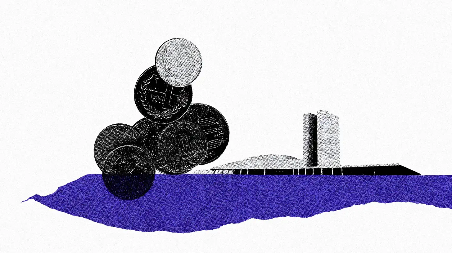 A imagem mostra moedas empilhadas e sobrepostas à esquerda, enquanto à direita está uma representação estilizada do Congresso Nacional do Brasil. Na parte inferior, uma faixa roxa atravessa a composição.