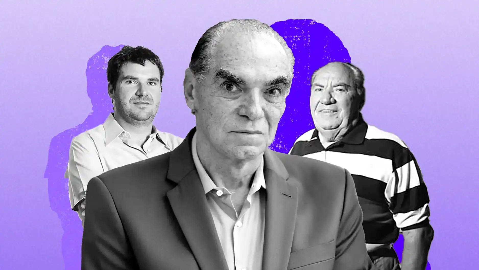 Três homens em escala de cinza sobre fundo roxo. O homem central, sério, olha fixamente. Outros dois homens atrás.