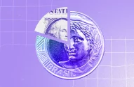 Gráfico de pizza: nota de dólar americano e moeda brasileira divididos, representando câmbio ou finanças.