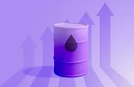 Barril de petróleo roxo com gota preta e setas roxas subindo, simbolizando alta de preços.