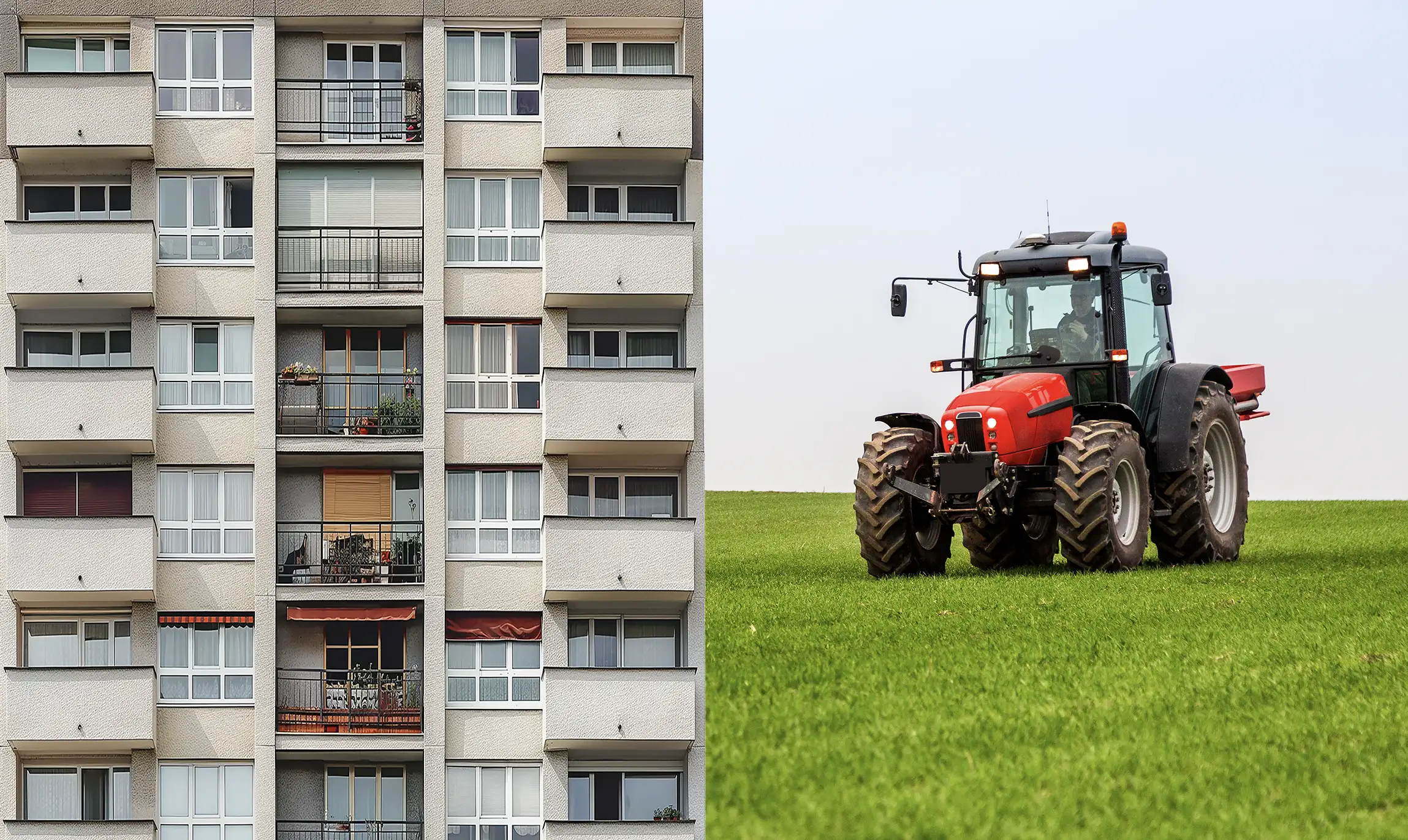 Imagem dividida em duas partes. À esquerda, fachada de prédio residencial com sacadas e janelas; à direita, campo verde com trator vermelho em movimento sob céu claro.
