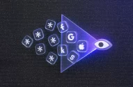 Dados ocultos (*) entram em um funil, revelando logos de empresas de tecnologia (G, Apple) e um olho. Vigilância de dados.